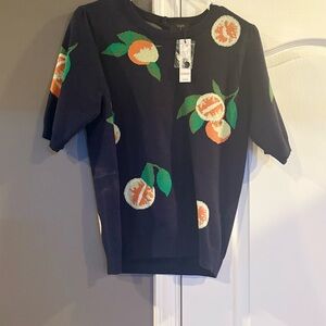 Tahari Navy Top with Orange and Green Fruit Design